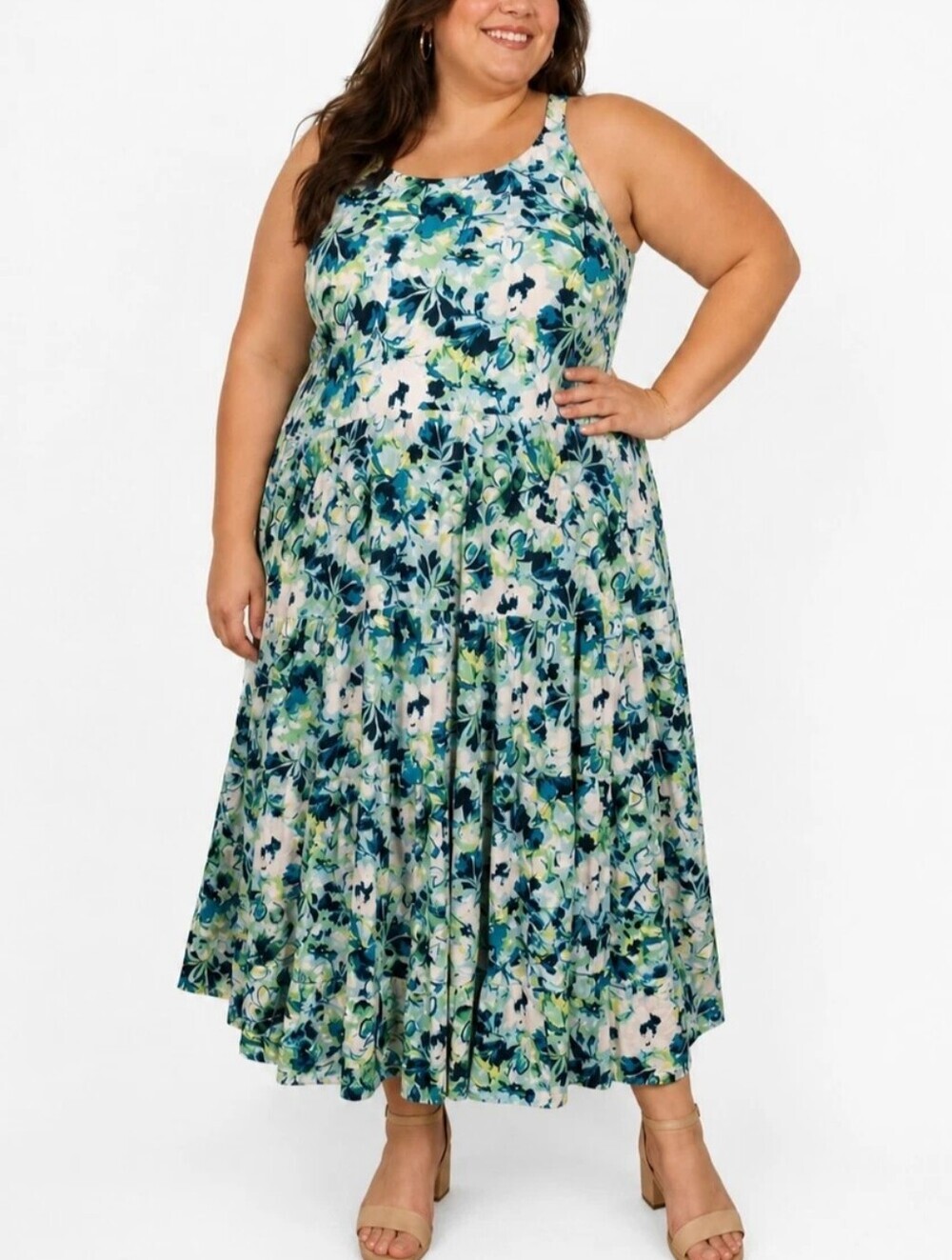 NWT Sleeveless Floral Maxi Dress in Aqua & Teal Gauze-halter Tiered-Size:1